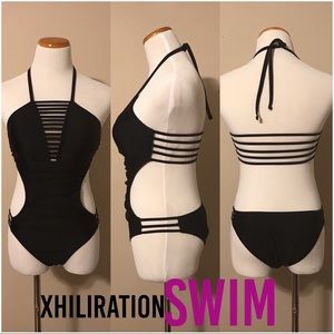 Black strappy one piece monokini swimsuit